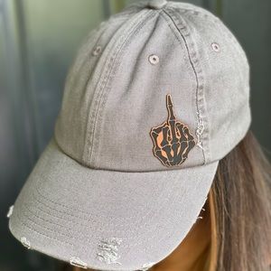 Womens Distressed Grey middle finger hat patch